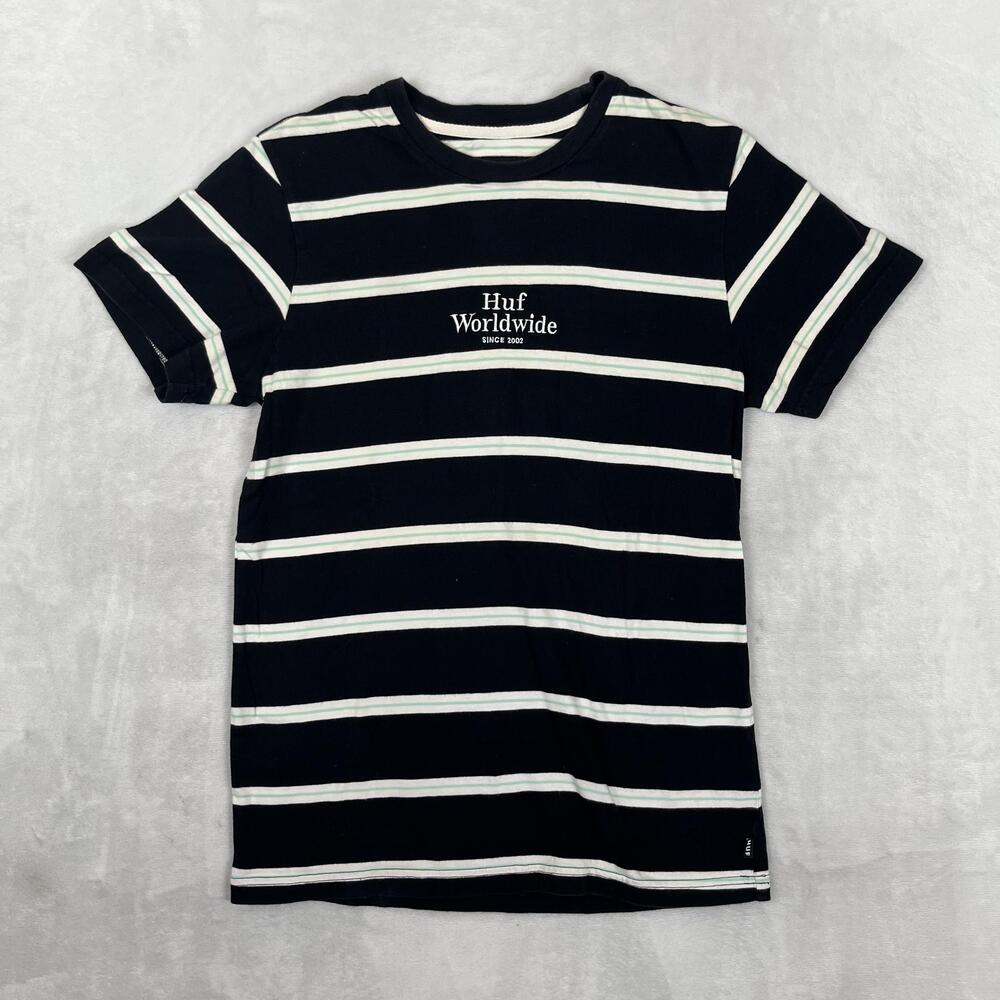 HUF Striped T-Shirt Mens Small Black White Huf Worldwide Logo Skate Tee